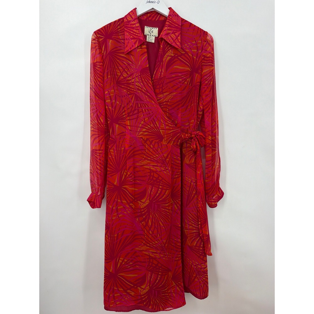 ICE Silk Wrap Dress Pink Orange Tropical Palm Print Long Sleeve Midi Size 10